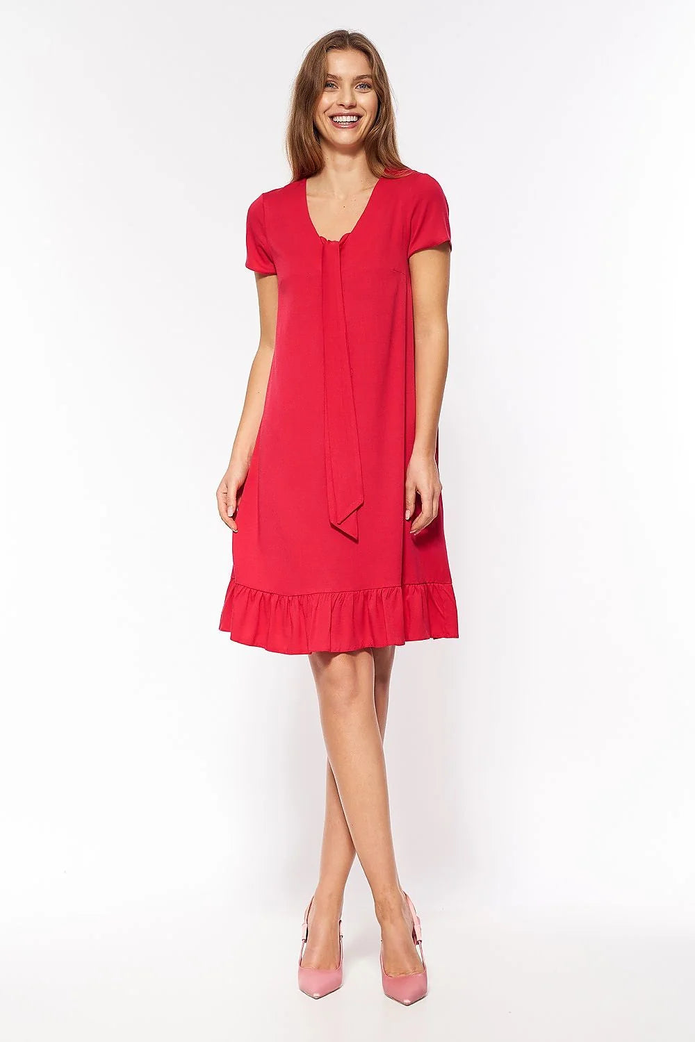 Robe de jour Nife design épuré élégant viscose spandex coupe droite genoux décolleté V nœud central manches courtes style décontracté semi-formel couleur rouge garde-robe moderne femme