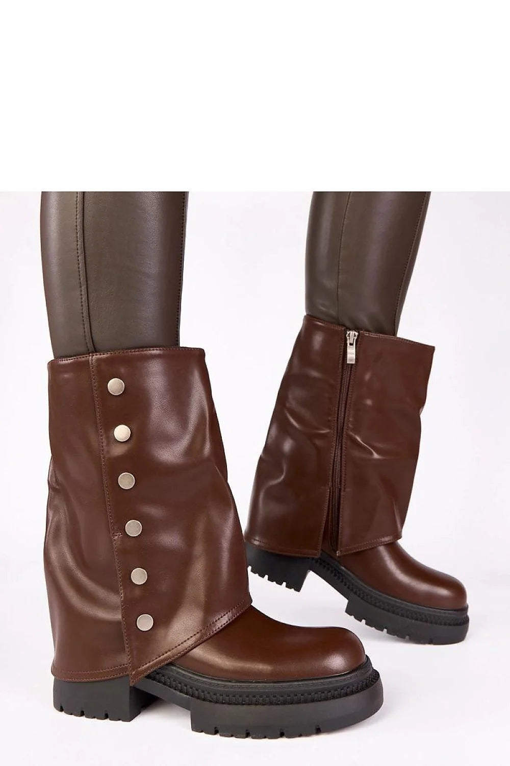 bottines chocolat Carla similicuir tige enroulée mimollet bout rond semelle crantée plateforme stable talon bloc fermeture éclair métallique