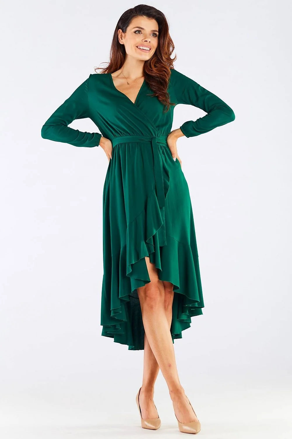 robe cocktail élégante viscose bordeaux portefeuille midi cintrée ceinture intégrée manches longues asymétrique volants cascade ourlet fluide léger