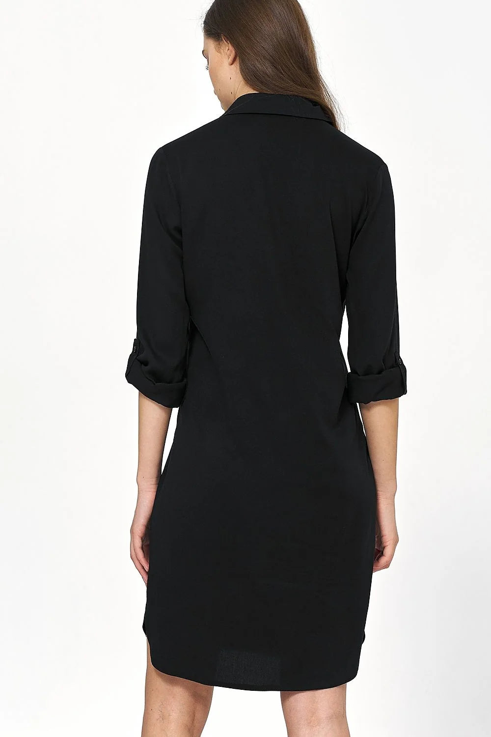 robe oversize viscose noire manches longues retroussables ceinture intégrée chemisier col droit boutonnage coupe droite fluide longueur genou élégante