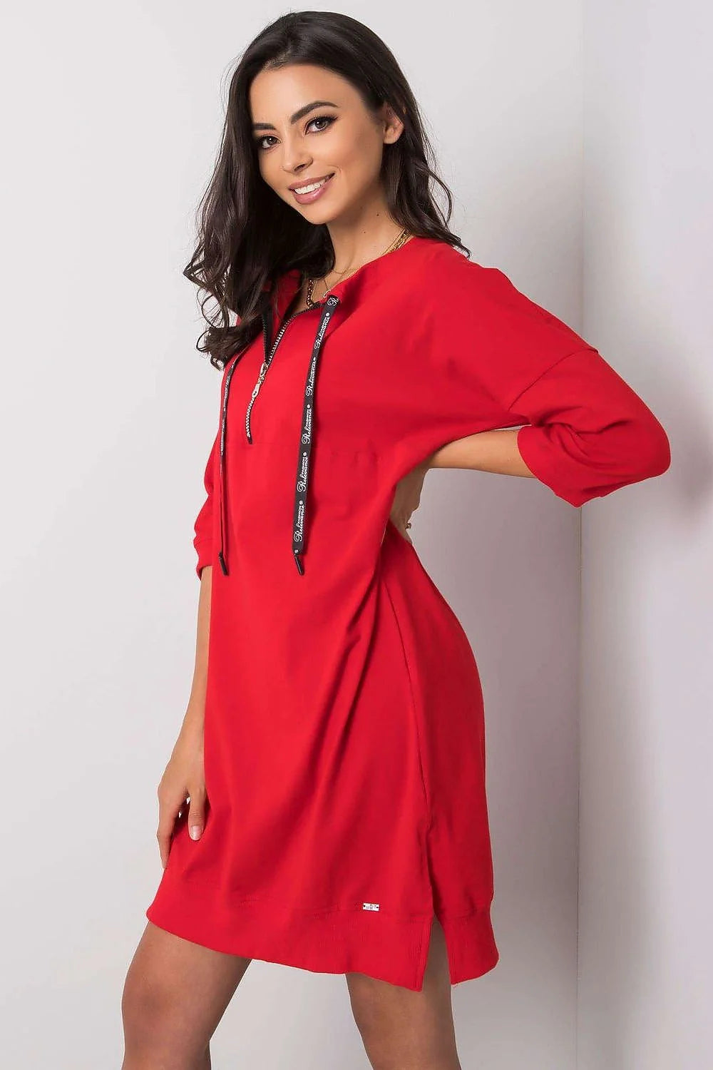 robe casual femme taupe coton elasthanne manches trois quarts fentes latérales coupe loose oversize cordon noir amovible bords côtes
