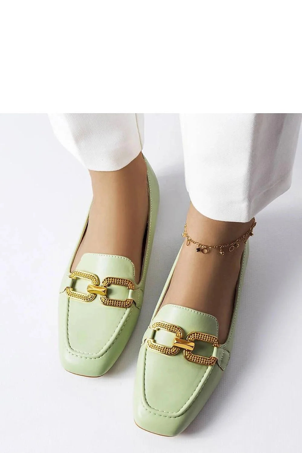 mocassins Solea femmes vert menthe chaîne dorée cuir synthétique lisse bout carré talon bas semelle fine doublure mousse confortables chic