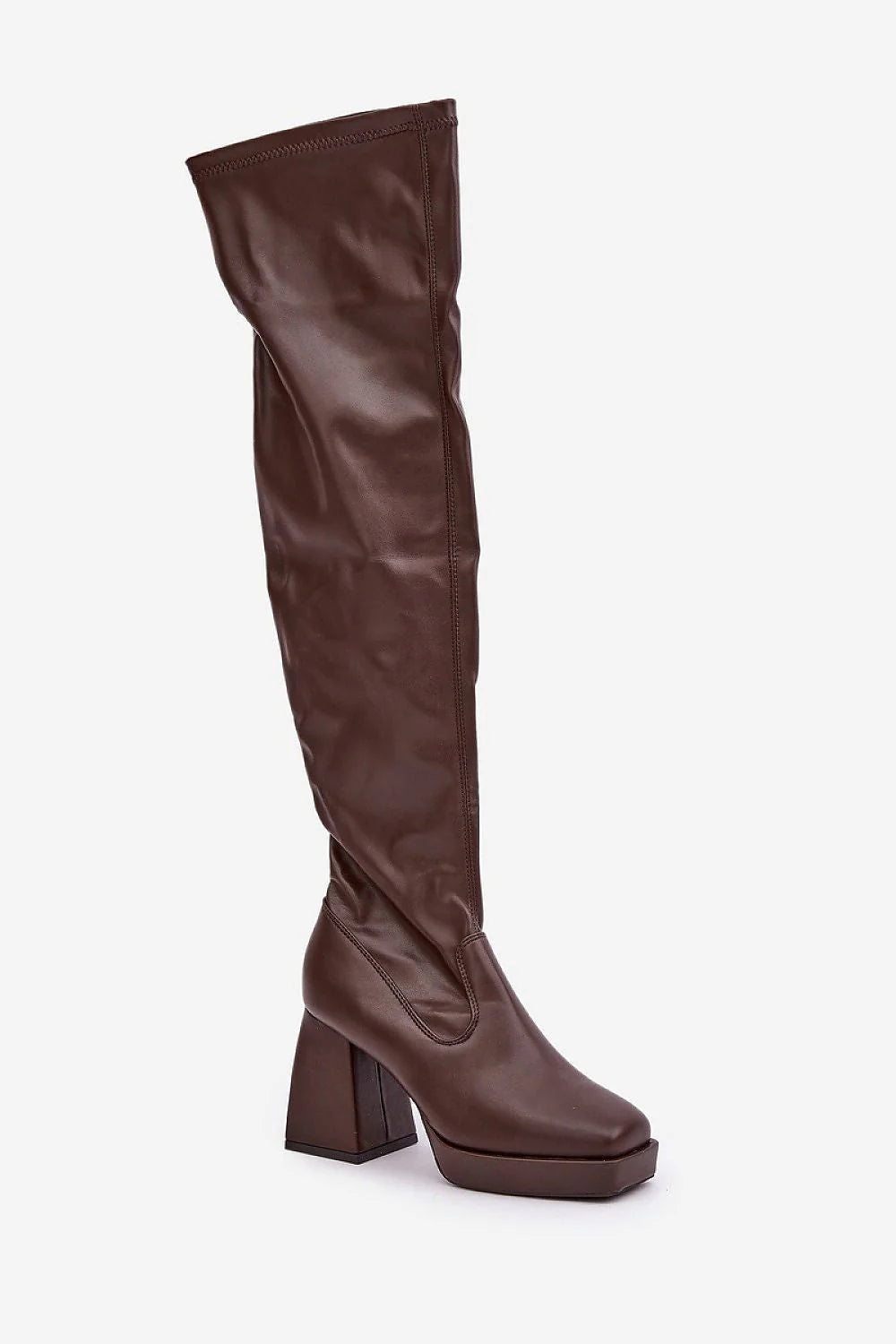 Bottes hautes épaules talon bloc cuir artificiel marron foncé style moderne élégance femmes occasionnels