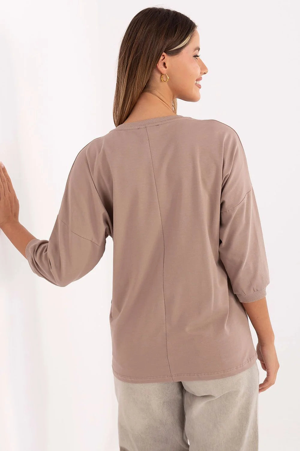 chemisier femme casual oversize taupe coton jersey stretch doux manches troisquarts encolure ronde imprimé métallique pailleté plumes poignets cotelés standard