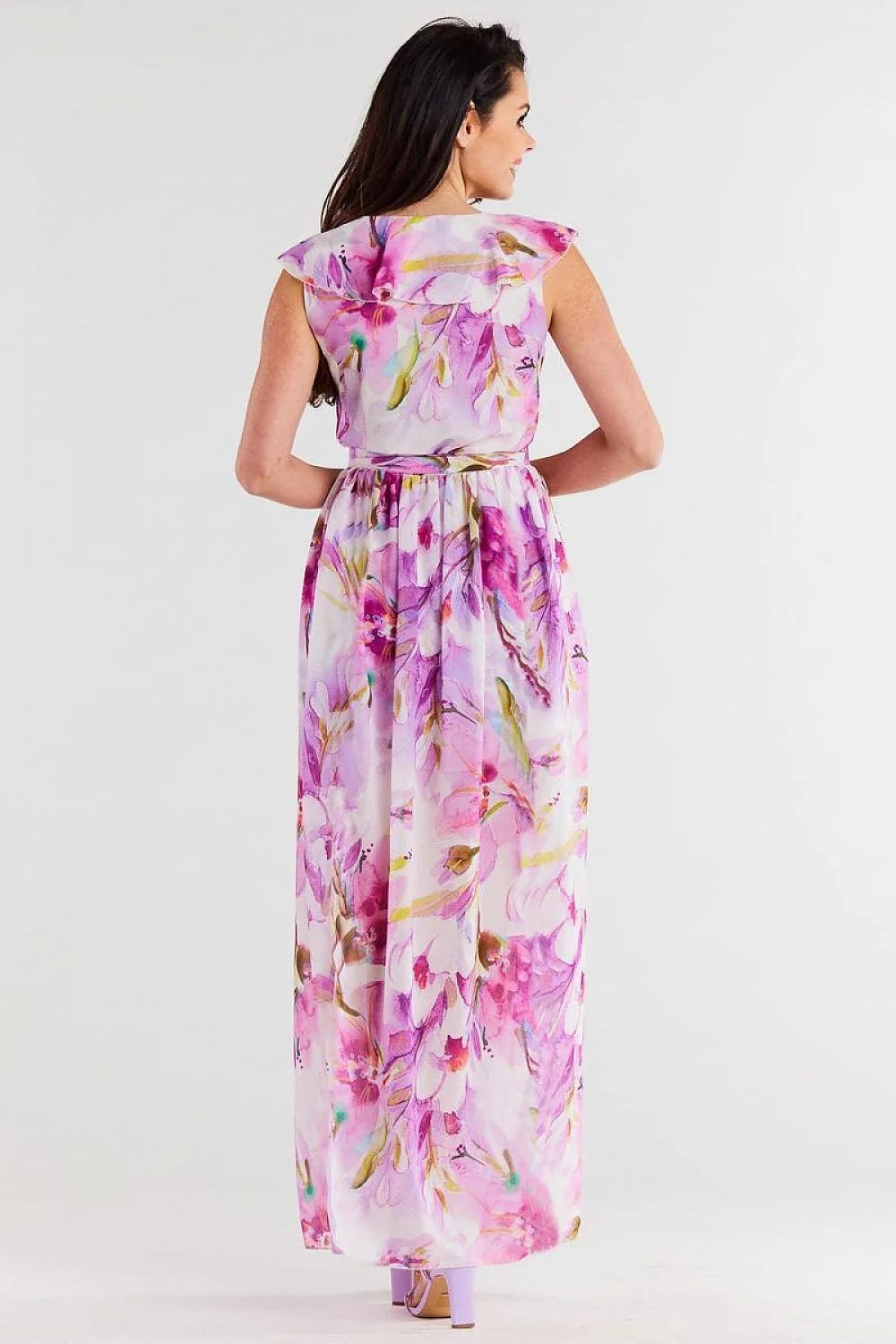 robe asymétrique longue mousseline floral aquarelle rose lilas pastel décolleté V volants fente avant taille ceinturée froncée fluide