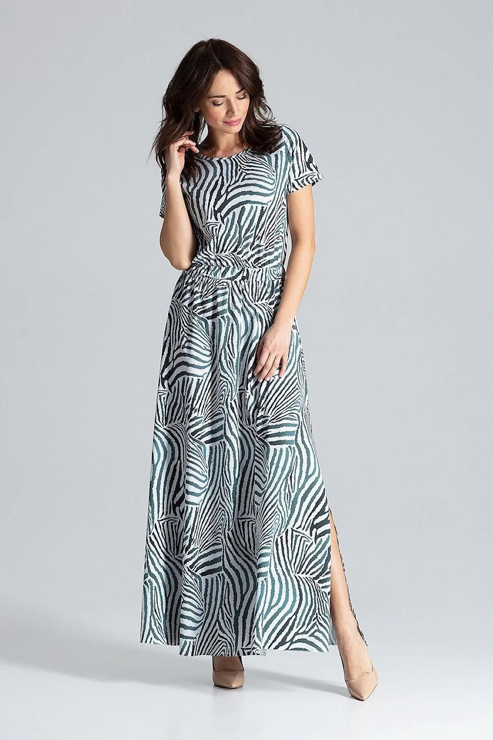Robe longue pour femme manches courtes style épuré couleur rose saumon taille élastiquée sans fermeture ni poches mode été
