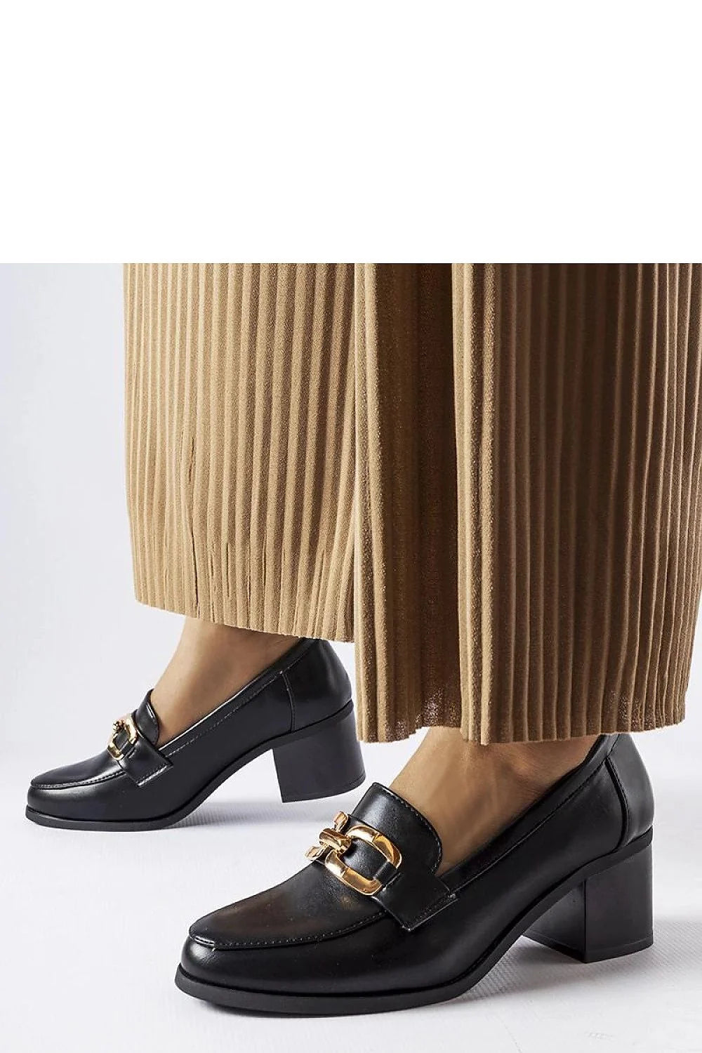 Moccasins élégants à bouts ronds en cuir synthétique noir et or doré, talons carrés, femmes, mode intemporelle