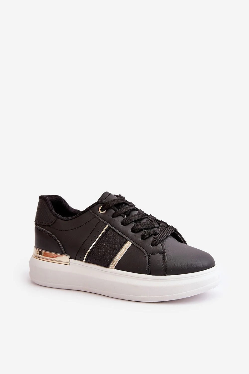 basket femme basse similicuir noir plateforme blanche épaisse semelle confortable talon doré œillets métalliques lacets plats insert texturé beige chic