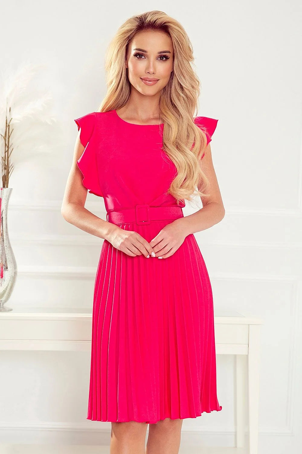 Robe de jour élégante Numoco vert bouteille mi-longue plissée ceinture détachable encolure ronde femme