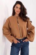 veste courte femme camel texturée feutre oversize col rond fermeture zippée manches bouffantes base élastiquée poches discrètes