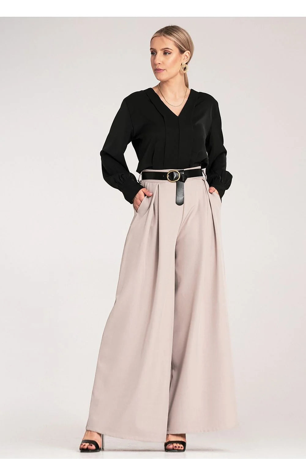 Pantalon femme Figl élégant style palazzo ceinture noire tissu délicat taille haute élastique jambes larges poches latérales Polyester 95% Élasthanne 5%