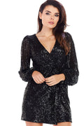 Robe de soirée courte en sequins noires glamour élégante manches longues ajustable femme occasion spéciale