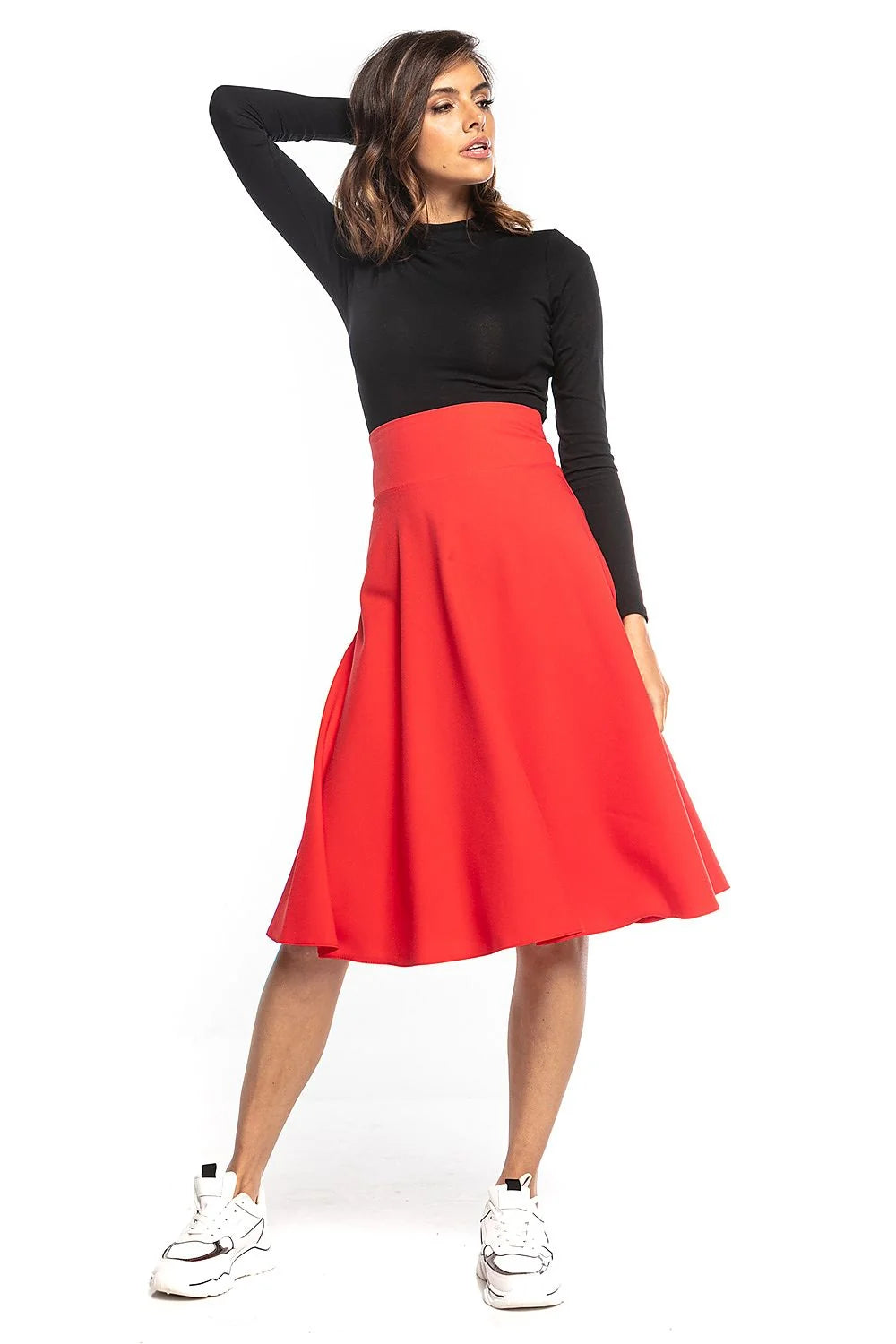 Jupe midi rouge vif élégante polyester évasée taille haute moderne polyvalente pour femmes chic tendance