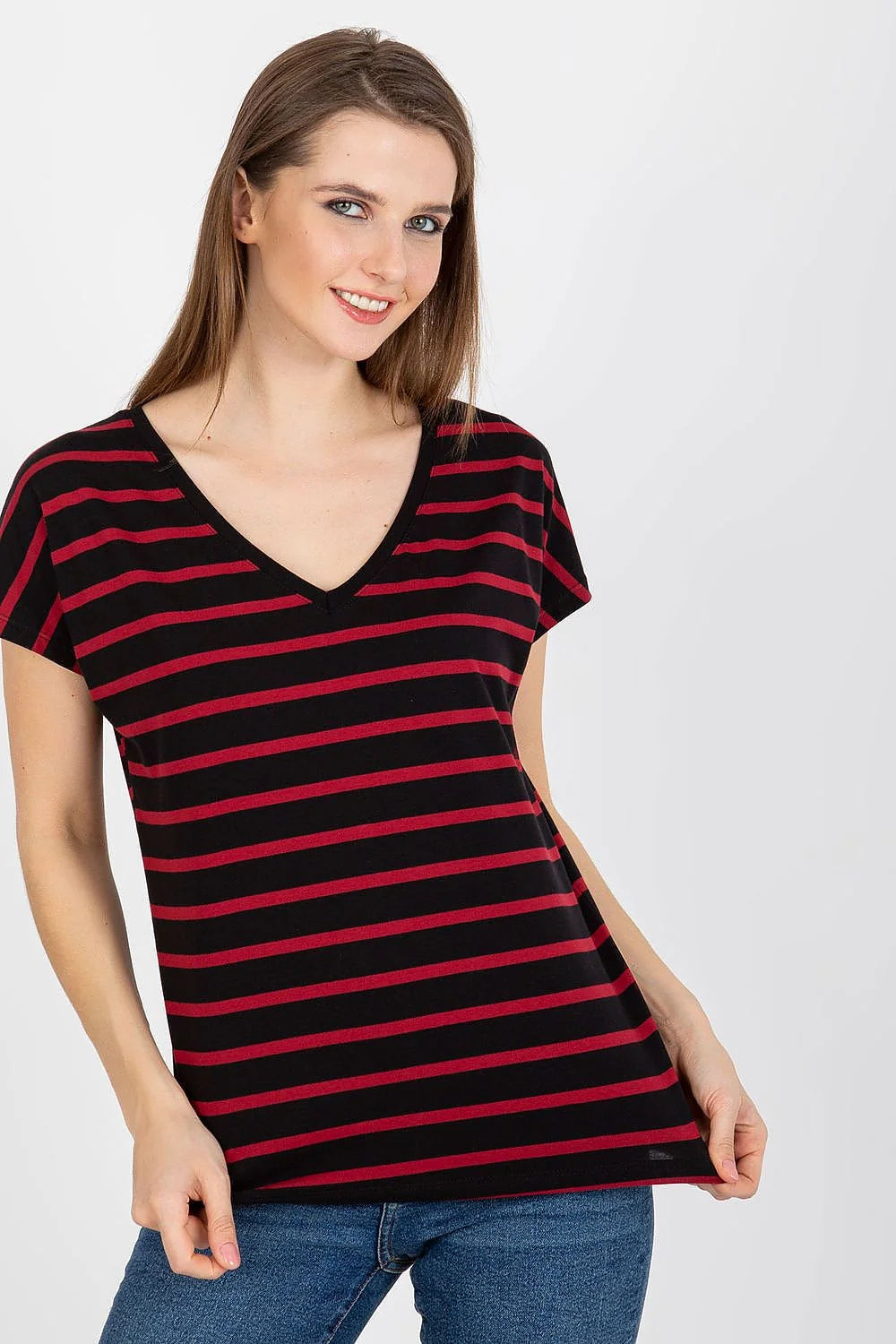 T-shirt femme manches courtes col V rayures horizontales noir et rouge coton élasthanne taille ajustée