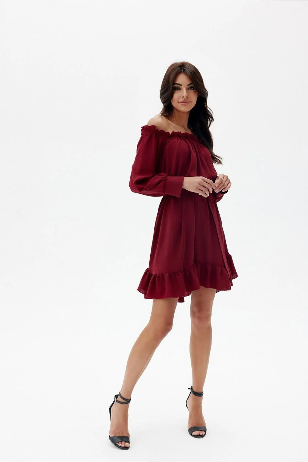 Robe de jour élégante off-shoulder manches longues volants ceinture dorée bordeaux femme Roco Fashion