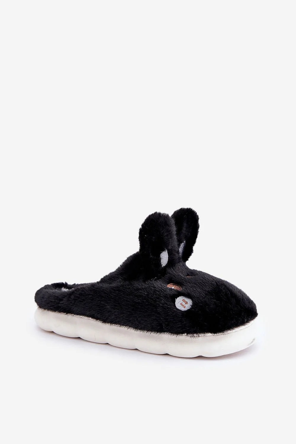 Pantoufles en fourrure synthétique pour femmes, design lapin, couleur noire, semelle blanche, confort, style casual, idéal pour la maison