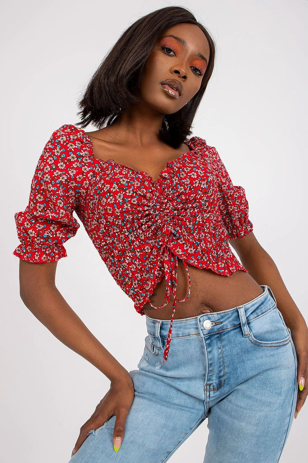 Chemisier Rue Paris floral vibrant court crop top col en cœur manches bouffantes lacing ajustable rouge bleu blanc 100% viscose tailles S/M/L femme