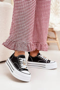Baskets Step in style pour femmes en tissu noir et blanc plateforme massive détails dorés tendance mode casual