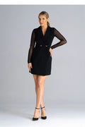 robe blazer mini noire manches longues dos maille transparente ajustée col tailleur double boutonnage boutons dorés cintrée structurée sophistiquée