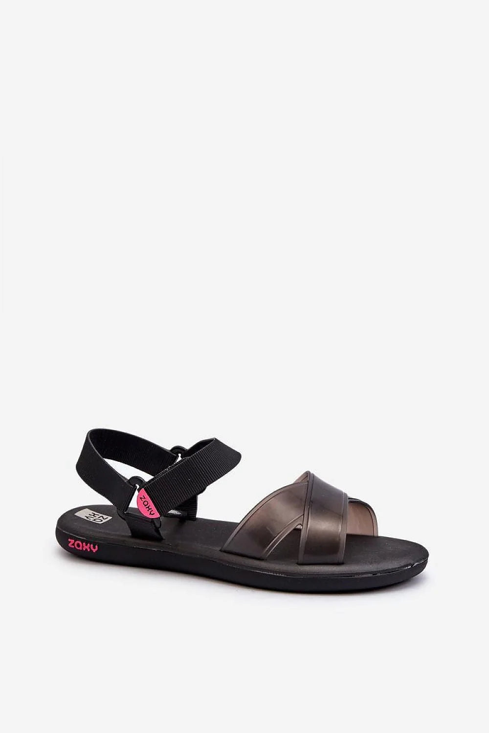 Sandales femmes modernes design minimaliste lanières transparentes brun semelle noire rouge ajustable confortable estivales plage ville
