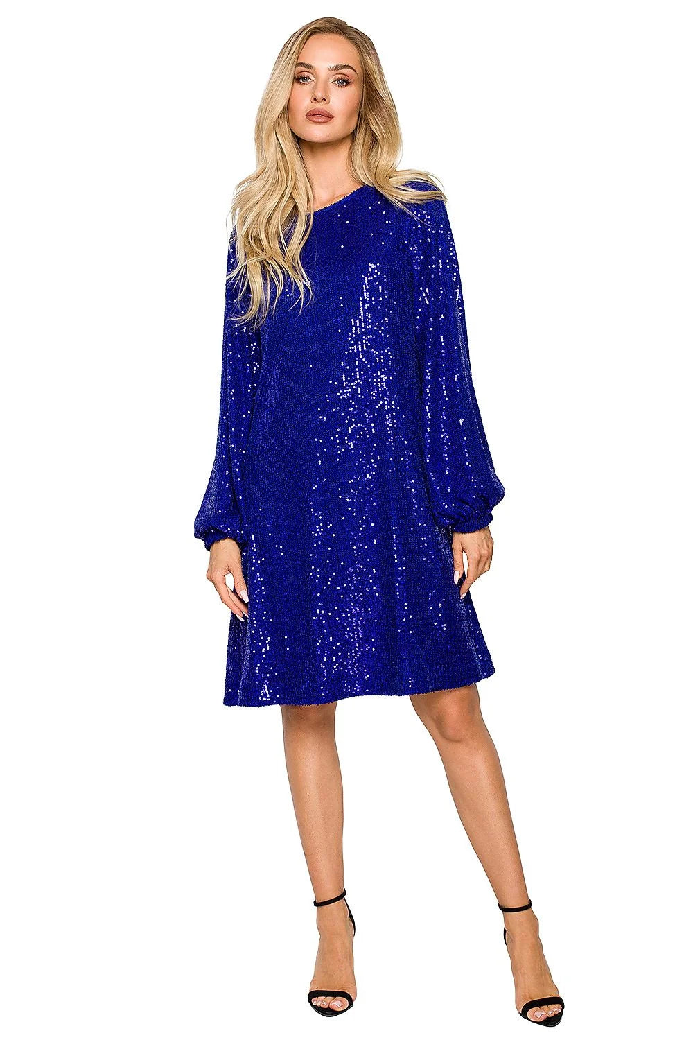 Robe de soirée élégante à paillettes argentées longueur genoux manches longues col rond ceinture nouable femme