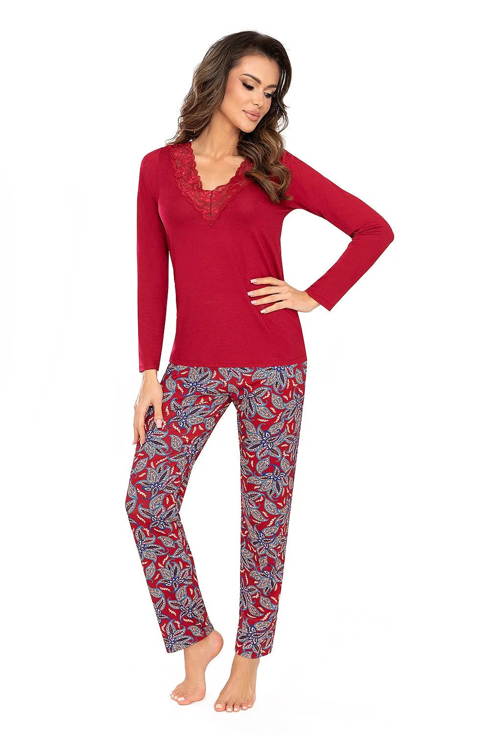 Pyjama Femme Élégant Deux Pièces Dentelle Fleurs Viscose Élasthanne Manches Longues Taille Élastiquée Occasion Fête Nuit