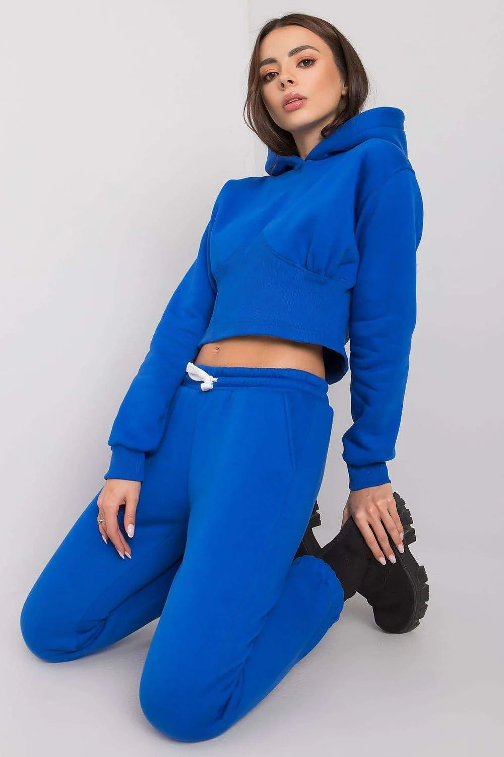 Ensemble Ex Moda pour femmes sweat à capuche pantalon jogging coton polyester bleu vif coupe moderne crop top taille ajustable