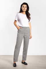 pantalon femme cigarette carreaux vichy noir blanc taille haute cheville droit ajusté élégant bureau décontracté poches latérales structuré confortable extensible