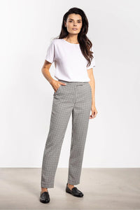 pantalon femme cigarette carreaux vichy noir blanc taille haute cheville droit ajusté élégant bureau décontracté poches latérales structuré confortable extensible