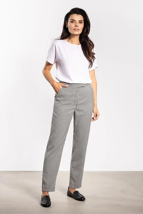 pantalon femme cigarette carreaux vichy noir blanc taille haute cheville droit ajusté élégant bureau décontracté poches latérales structuré confortable extensible
