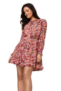 Robe de cocktail Makover mini mousseline de soie imprimé floral raffiné taille ajustable manches longues ceinture nouée