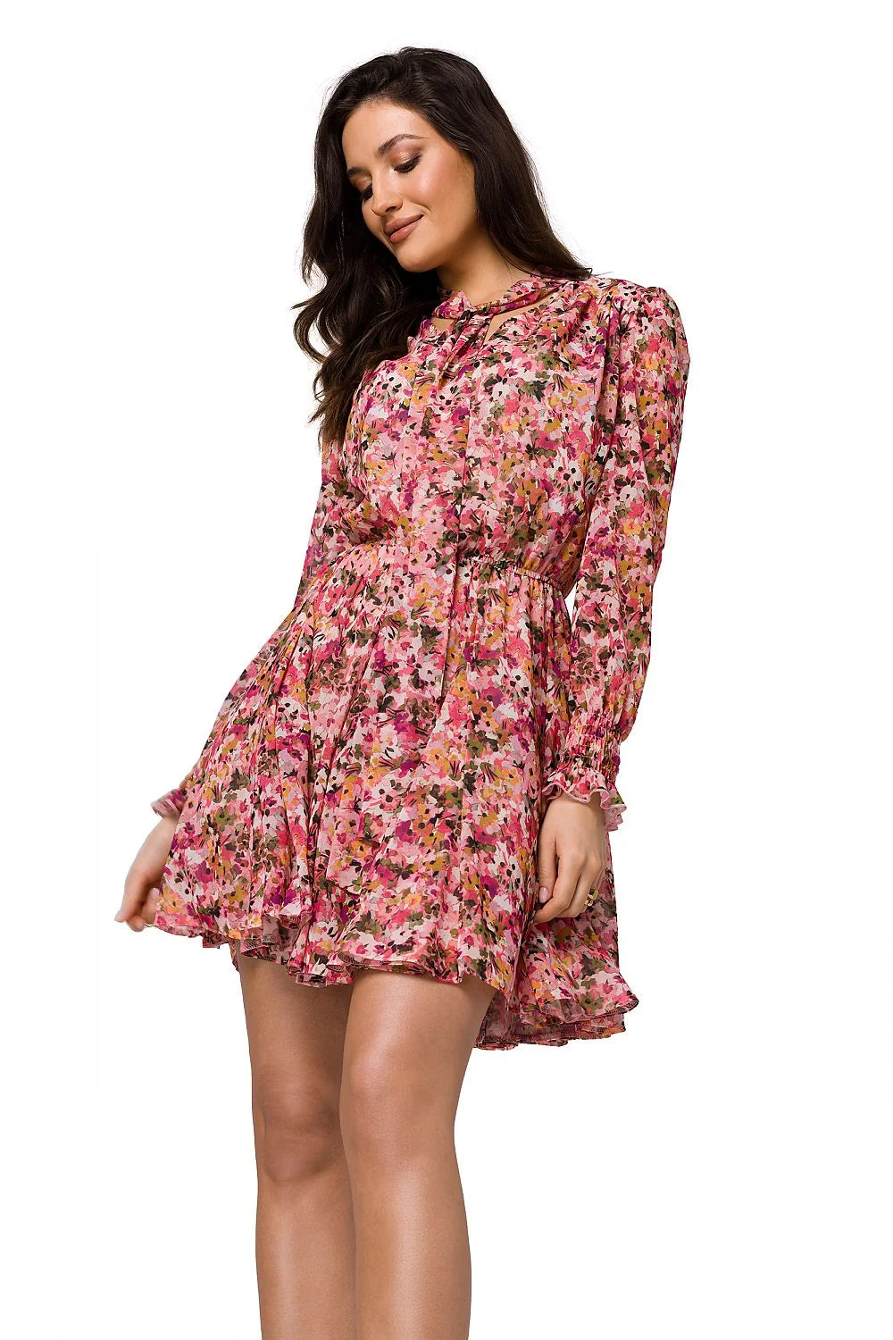 Robe de cocktail Makover mini mousseline de soie imprimé floral raffiné taille ajustable manches longues ceinture nouée