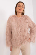 Veste en fausse fourrure rose pâle courte coupe droite manches longues fermeture discrète pour femmes