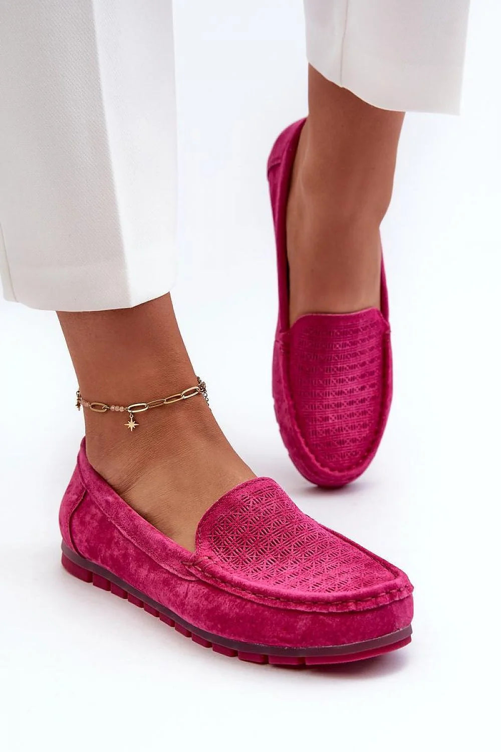 Mocassins S.Barski Femme Élégance Moderne en Cuir Suédé Rose Fuchsia Design Géométrique Finitions Artisanales Confort Journée Entière Occasions Spéciales