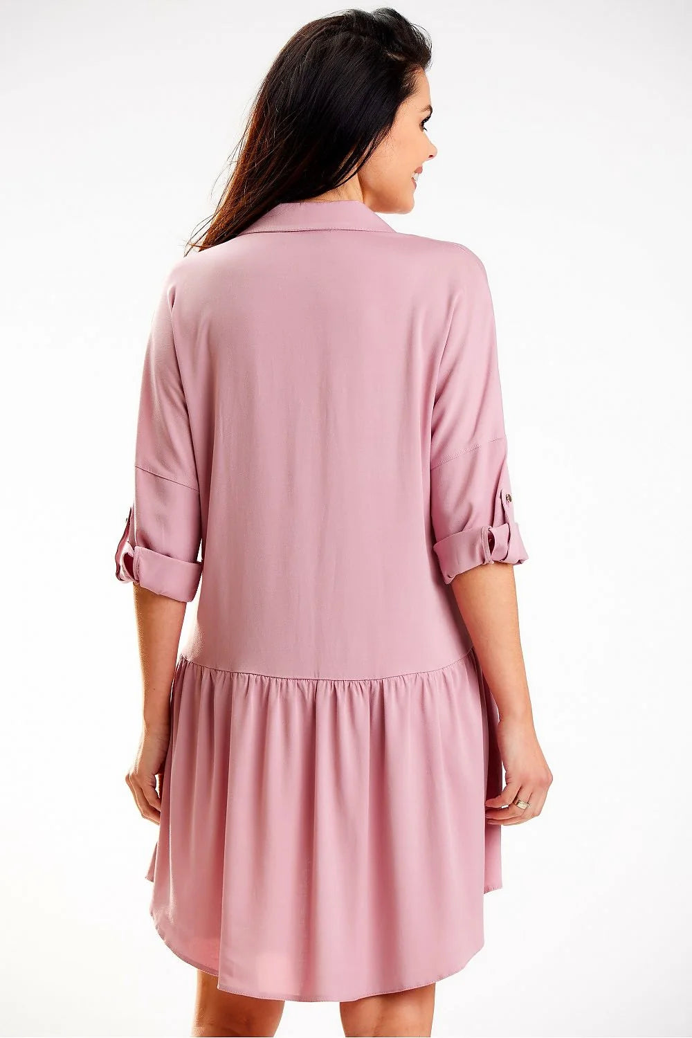 Robe chemise awama loose fit col trapézoïdal manches longues boutons dorés couleur rose pâle polyester viscose femme