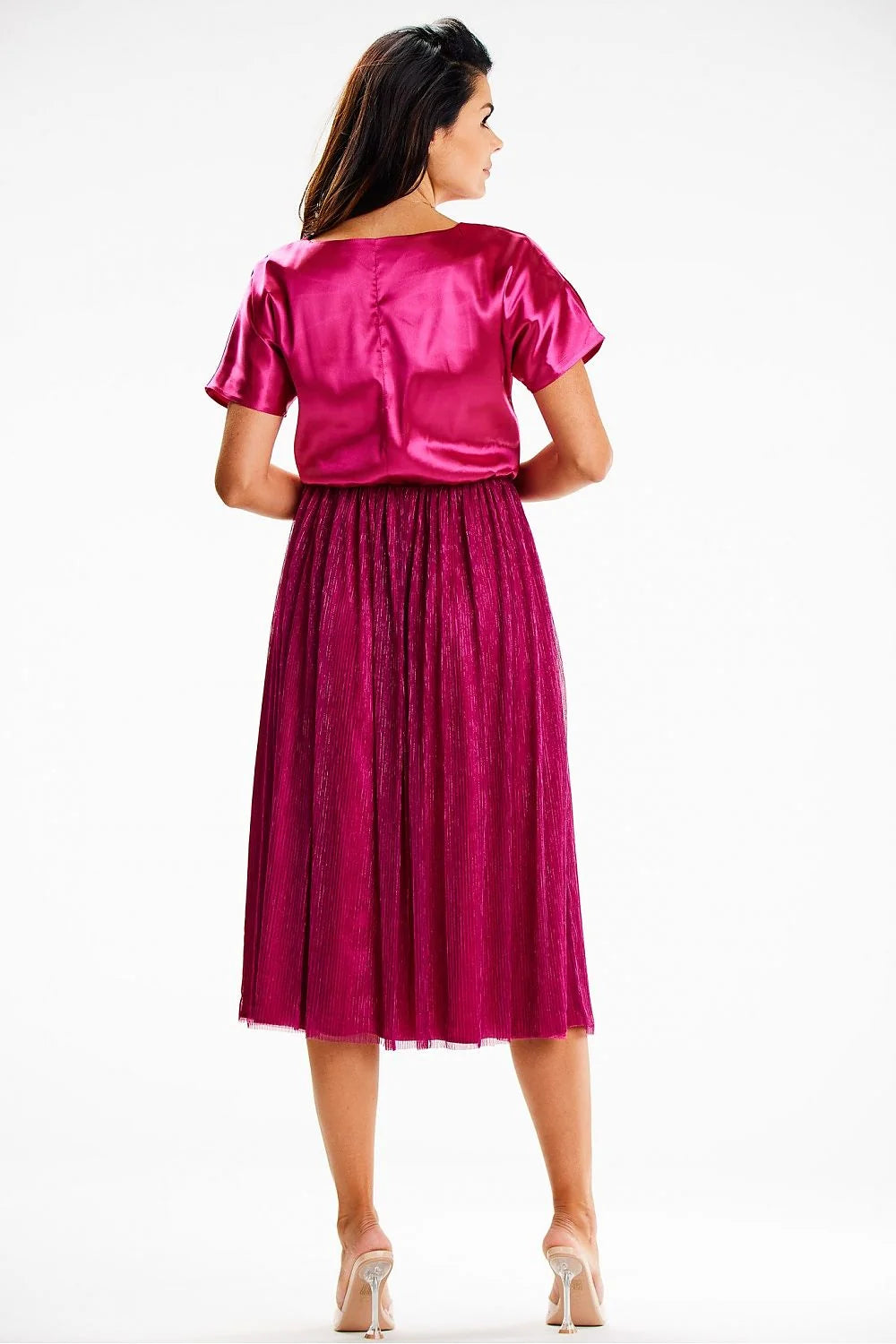 Robe de soirée élégante fuchsia satin tulle plissé taille élastiquée manches courtes femme occasion spéciale
