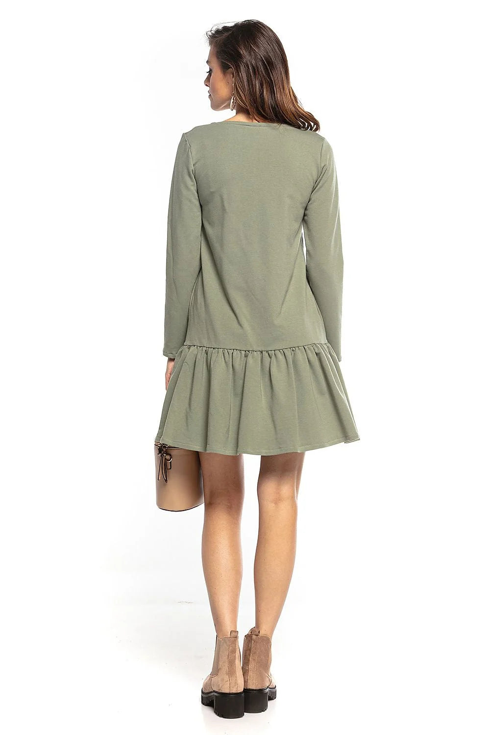 robe Tessita jersey extensible kaki olive courte manches longues encolure V coupe droite évasée volant froncé ourlet confortable quotidien chic