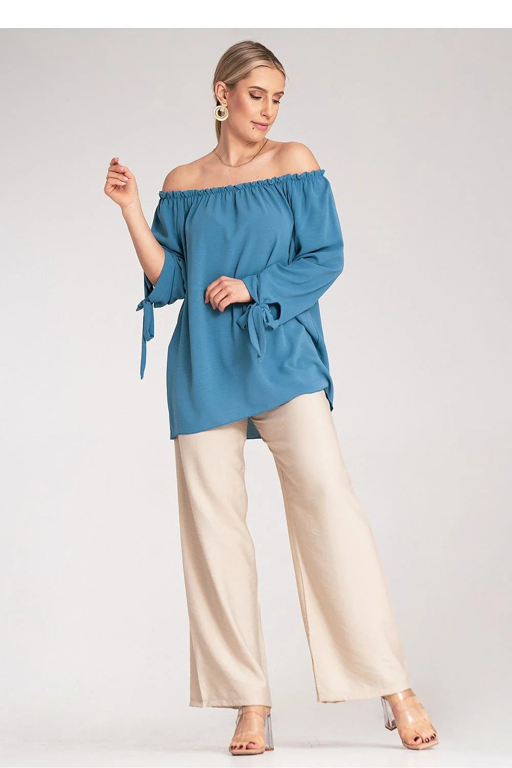 Chemisier femme style espagnol épaules dénudées manches nouées décolleté plissé bleu clair polyester élasthanne taille universelle