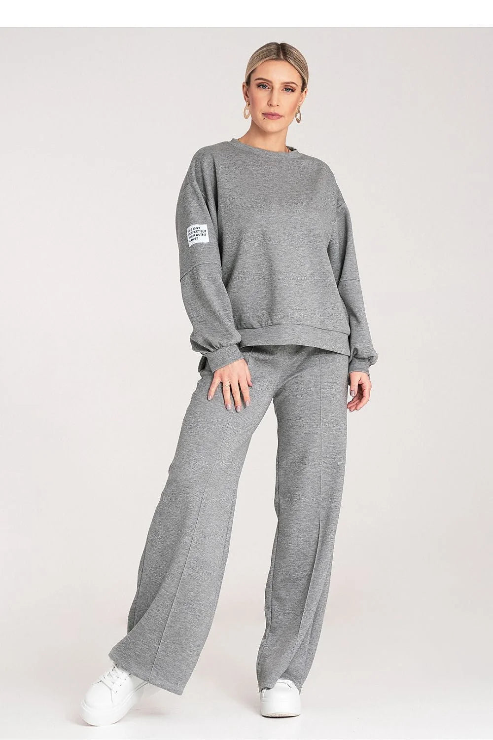 ensemble loungewear survêtement deux pièces sweat oversize manches longues pantalon large taille élastique gris chiné molleton doux confortable