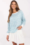 Ensemble mode femme haut imprimé animal jupe plissée blanc bleu clair chemisier pull coton manches longues coupe ample