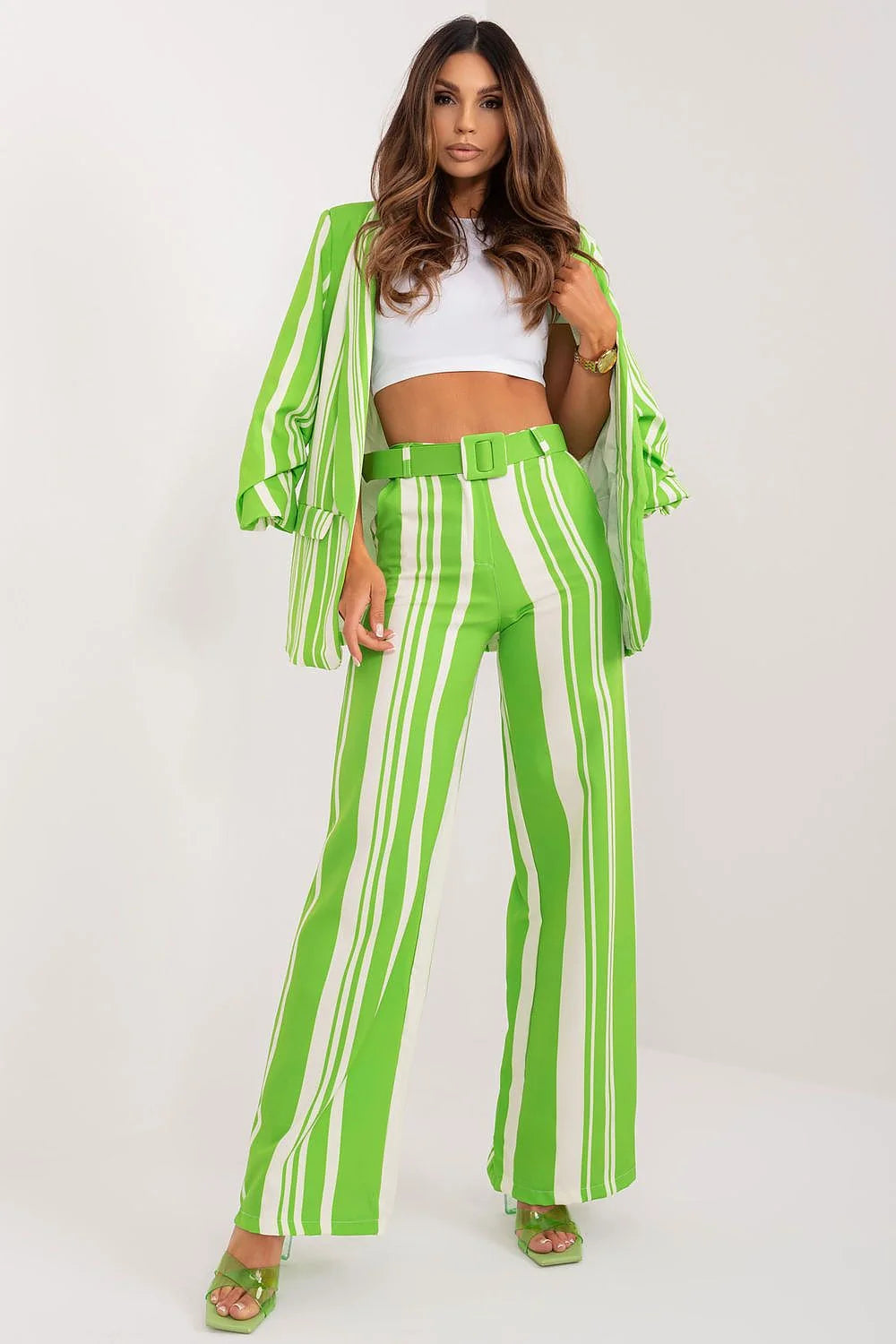 Ensemble coordonné femme veste pantalon rayures vertes blanches modernes tendance été soirée confort élégance