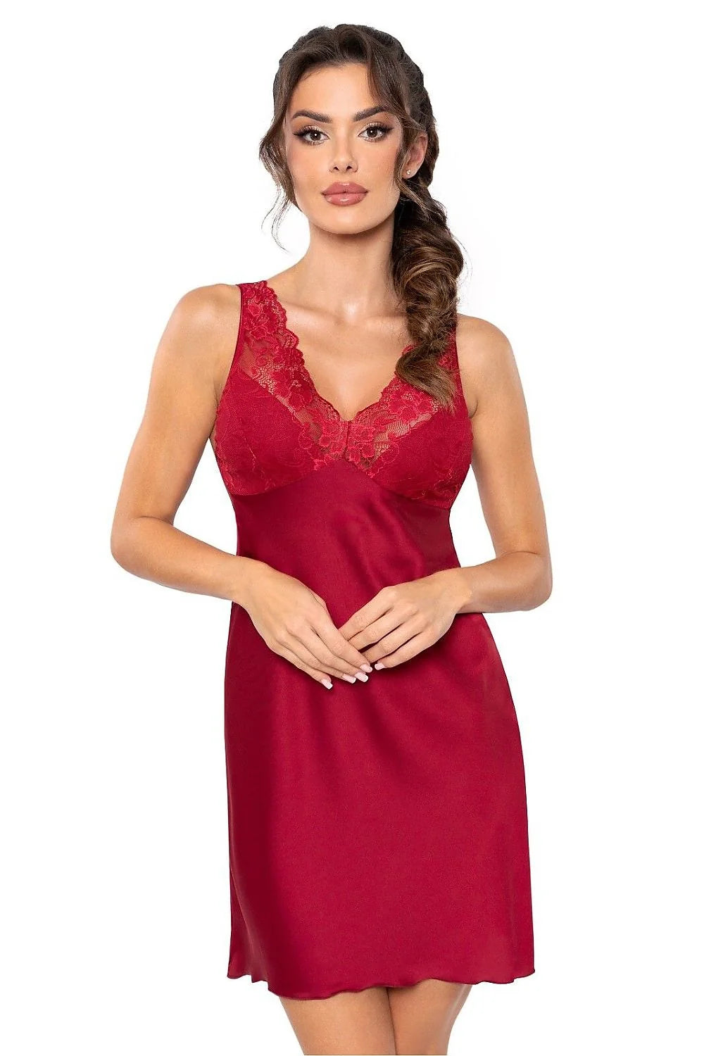 chemise nuit Donna satin soie dentelle romantique ajustée mi cuisse femme bordeaux satinée sensuelle élégante délicate confort