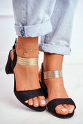 sandales talon carré 8cm cuir suédé écologique noir brides larges cheville métal doré texturé réglable confort élégant soirée chic