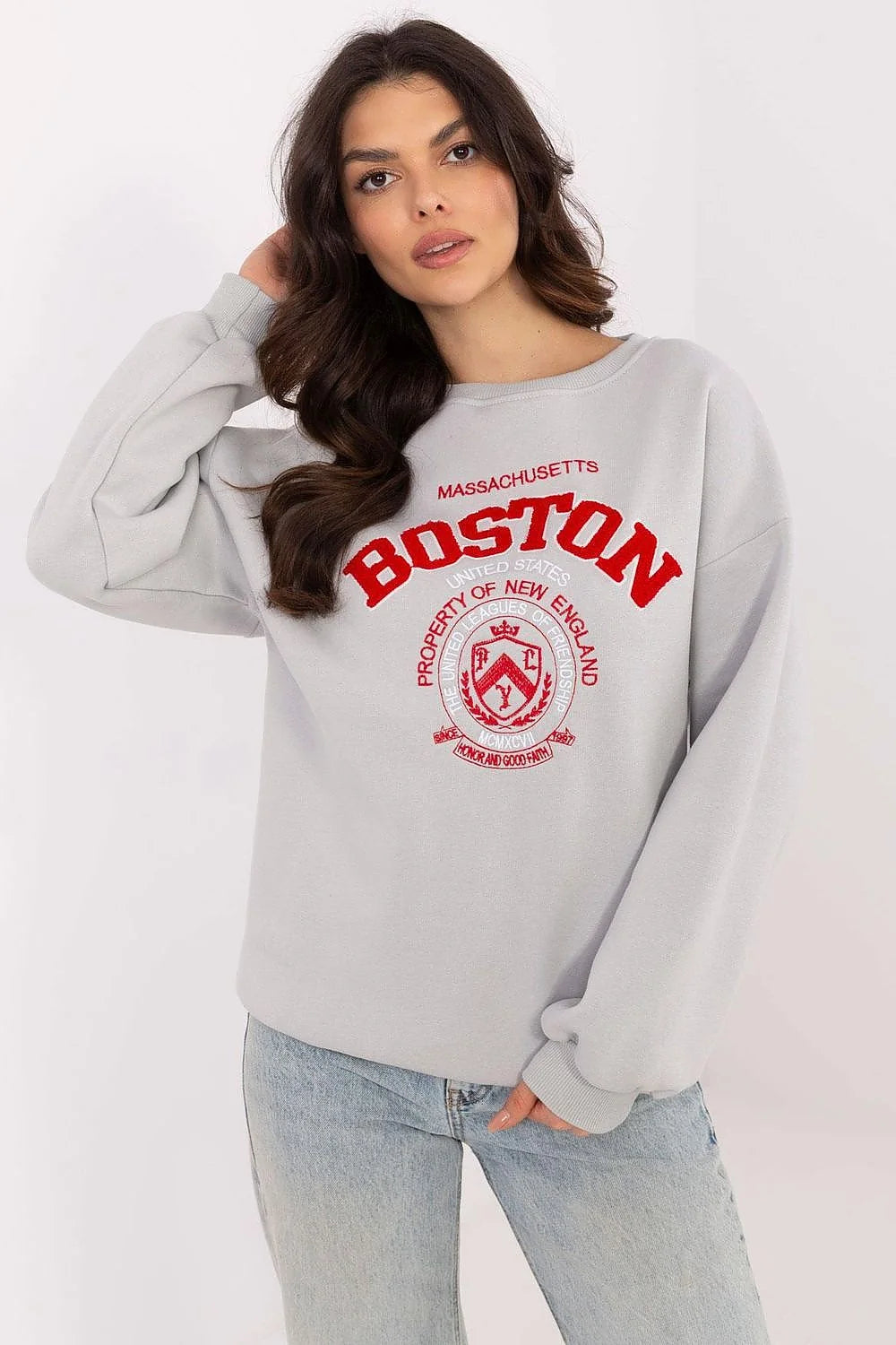 Sweatshirt ample femme style universitaire Boston Massachusetts Property New England coton polyester maille douce oversize manches longues encolure ronde