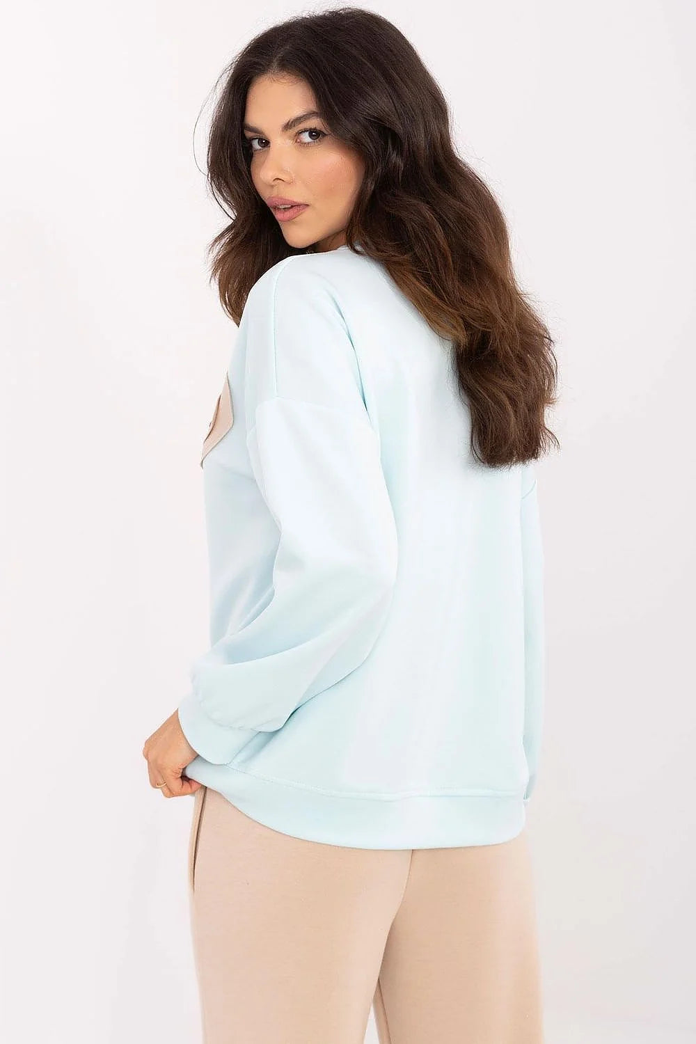 Sweatshirt femme Italia Moda décontracté style moderne cœur perlé bleu pastel