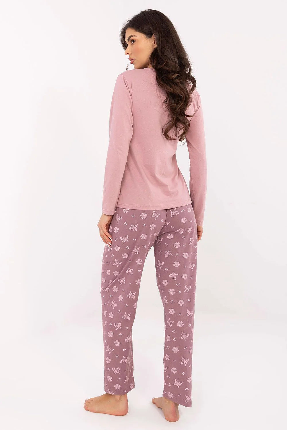 pyjama femme rose poudré coton jersey doux manches longues col rond papillon imprimé pantalon taille élastique coupe détente