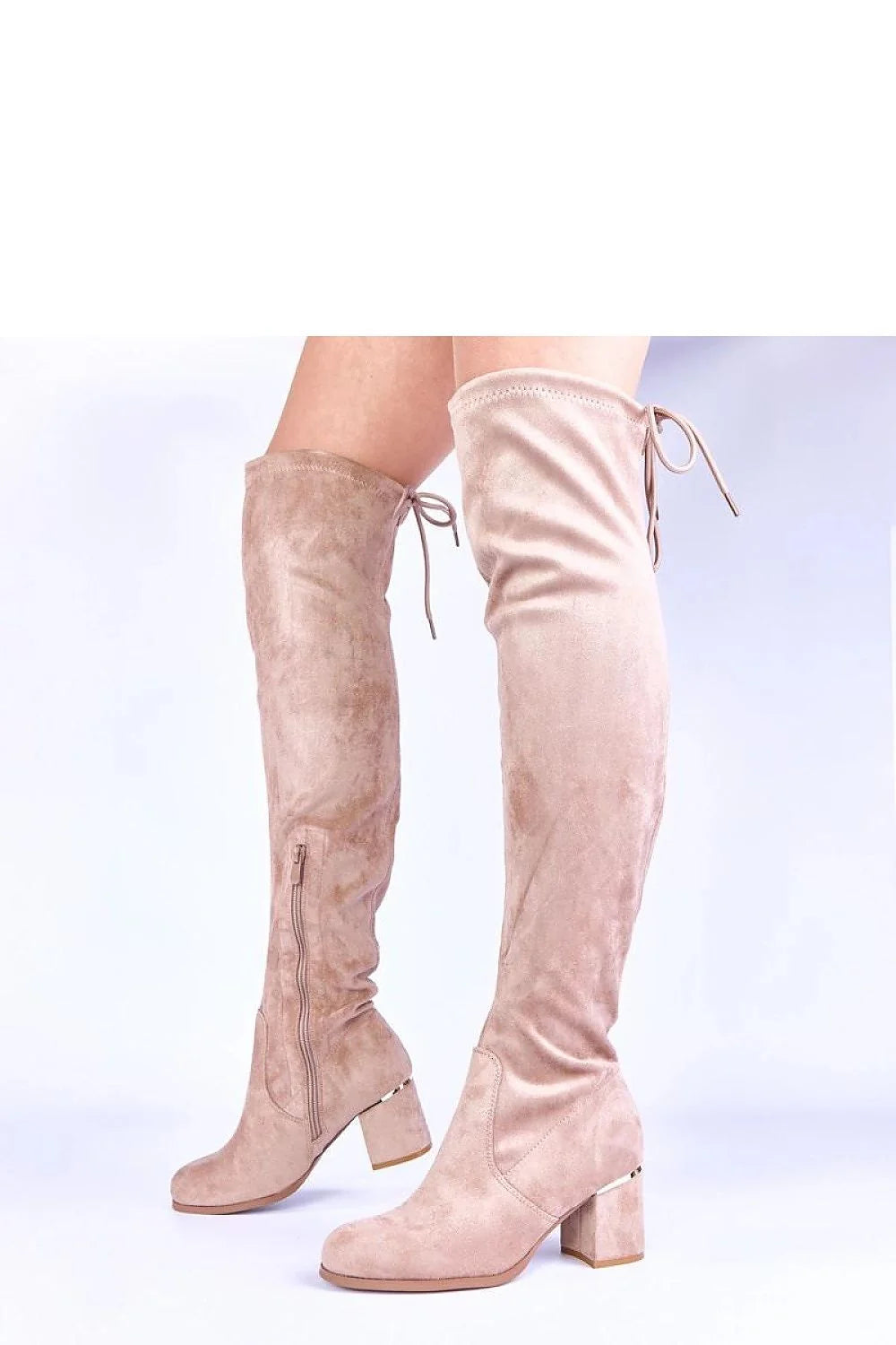 Bottes cuissardes suède beige élégantes confortables talon bloc ajustable fermeture éclair lacets arrière