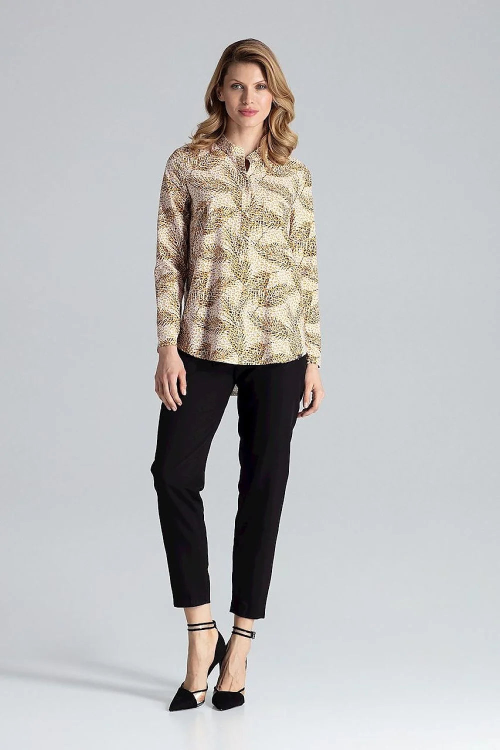 Chemisier Figl élégant imprimé animal végétal couleurs naturelles manches longues col droit femme polyester élasthanne