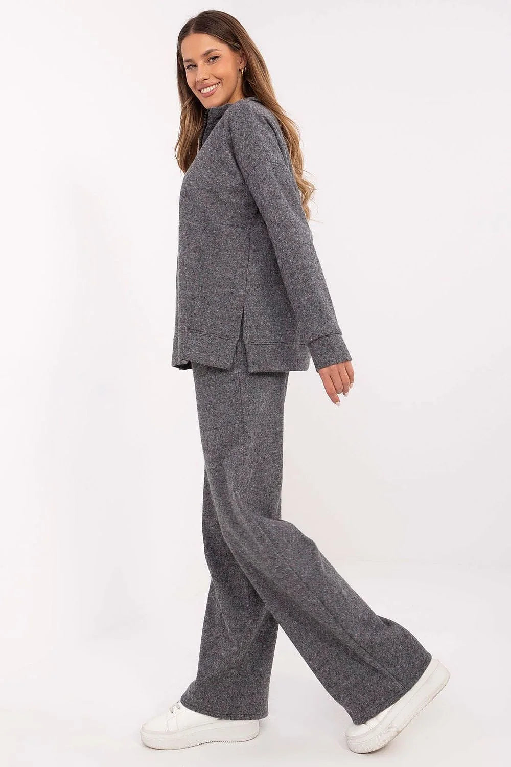 Ensemble Lakerta pour femme, survêtement élégant et confortable, coton élasthanne, coupe moderne, gris intemporel, taille haute, manches longues, col zippé, occasion quotidienne et décontractée