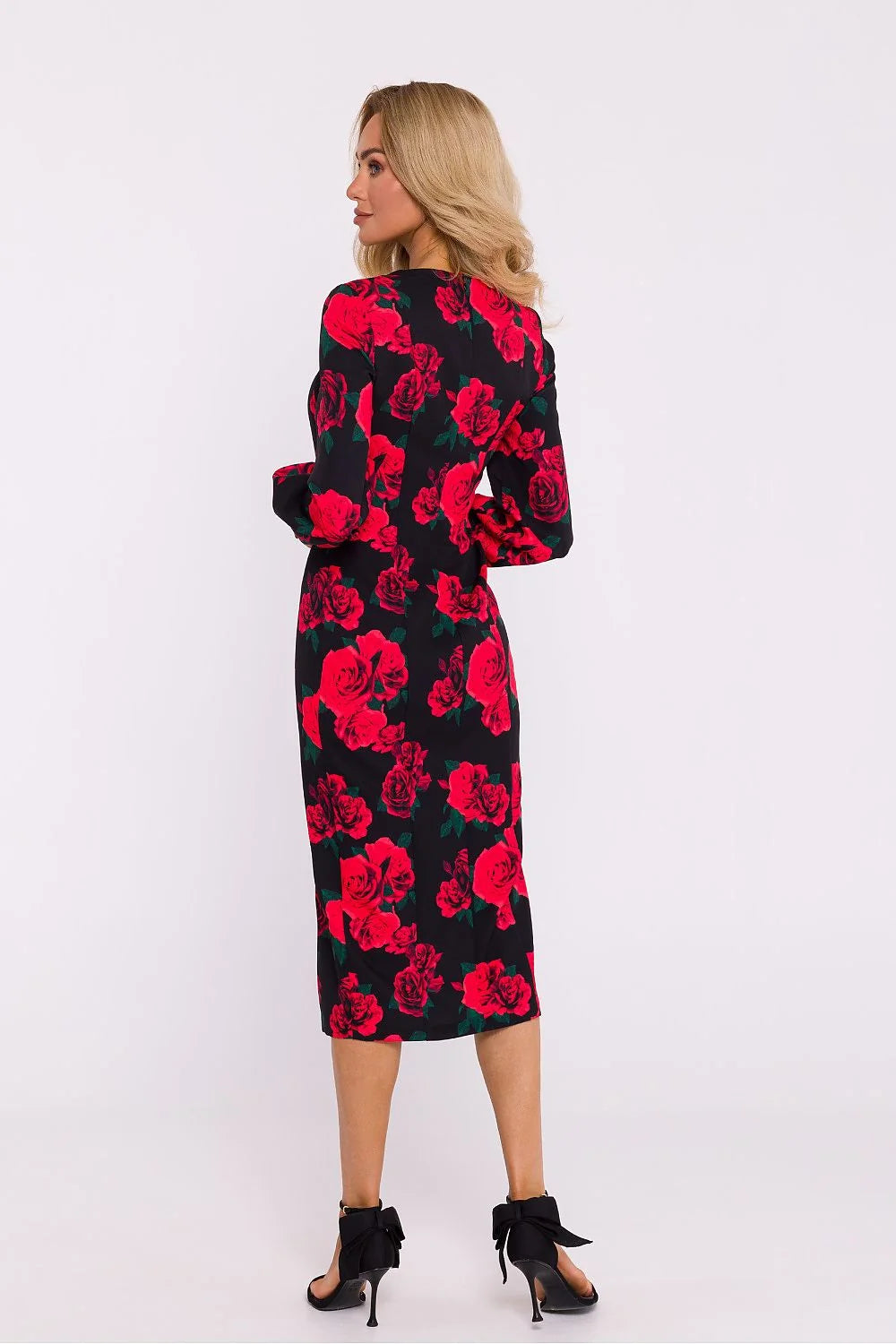 Robe de jour élégante Moe floral rouge noir manches longues encoleture cœur fente frontale tissu fluide femmes